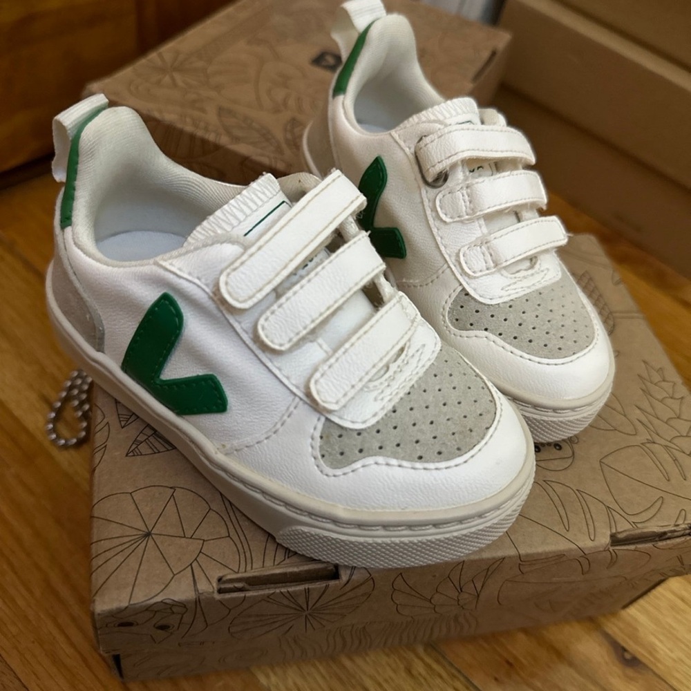 Veja Kids White Sneakers with Green V Logo